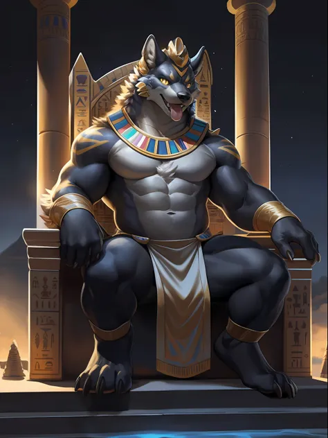 solo, male, (muscular), sacrifices, (male anthro wolf):1.3, pure black body,, (kamimei，sit on the throne):1.3, (komono:1.4) (doa...