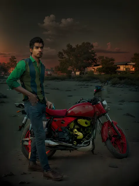 photo of an indian man, wearing a red argyle vest, green collared shirt, and black jeans,  bokeh, outdoor background, masterpiec...