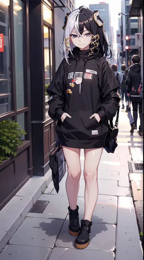 casual oufit, city, tokyo, domineering smile, arrogant expression, cocky, best quality, masterpiece, outdoors, outside, hoodie, ...