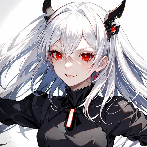 anime girl with white hair and red eyes in a black dress, demon anime girl, with glowing red eyes, style of anime4 k, with red g...