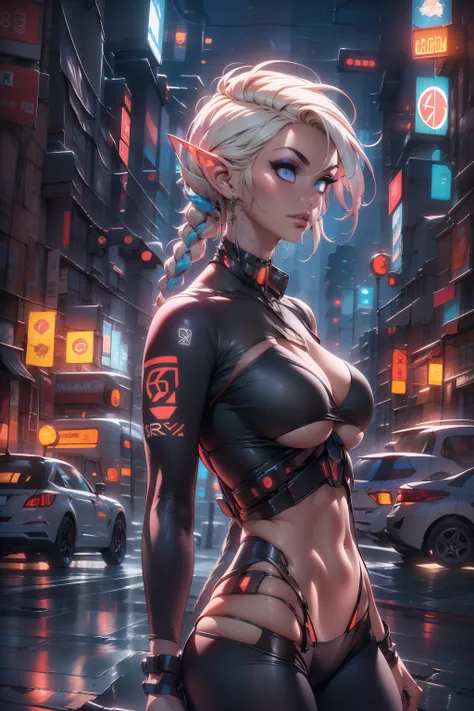 ((Technique artistique cyberpunk par Josan Gonzalez)), (Art inspired by the technique of Charles Lavesso) ,((Best masterpiece in the world)), Art riche en couleurs, ((realism)), (elf), (extremely beautiful girl: 1.2), mature, Femme sexy, (corps entier), (s...