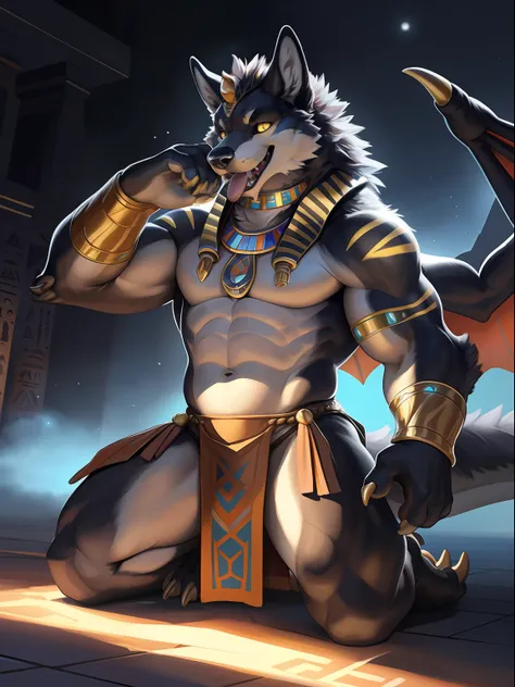 solo, male, (muscular), sacrifices, (male anthro wolf):1.3, pure black body,kneel, (kamimei):1.3, (komono:1.4) (doa):1.23, (, th...