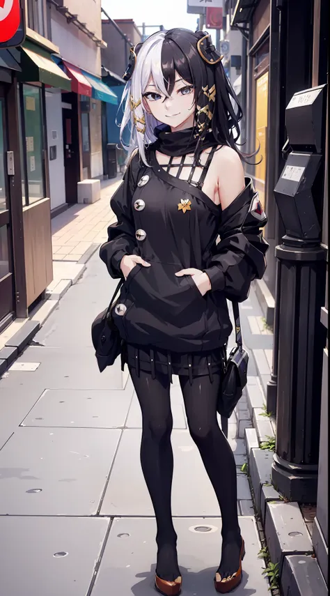 casual oufit, city, tokyo, domineering smile, arrogant expression, cocky, best quality, masterpiece, outdoors, outside, hoodie, ...