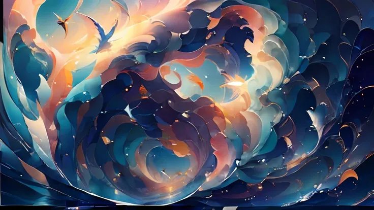 Dolphins leap high above the sea,Huge waves,Splashes,Brilliant rainbow,Blue sea,White waves,Seagulls fly by