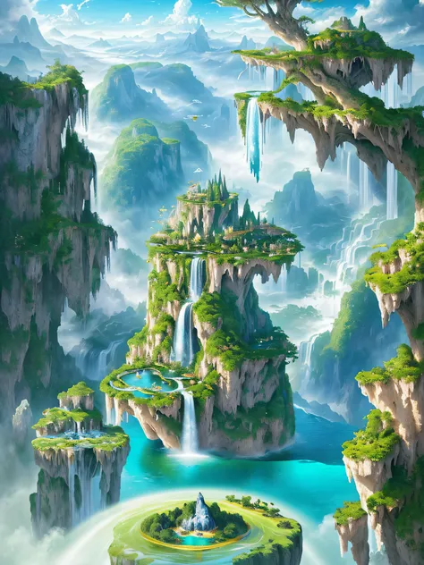 inspired dreams，breath-taking，hyperrealistic landscape，floating island cascading waterfalls，energetic plants that defy gravity，e...