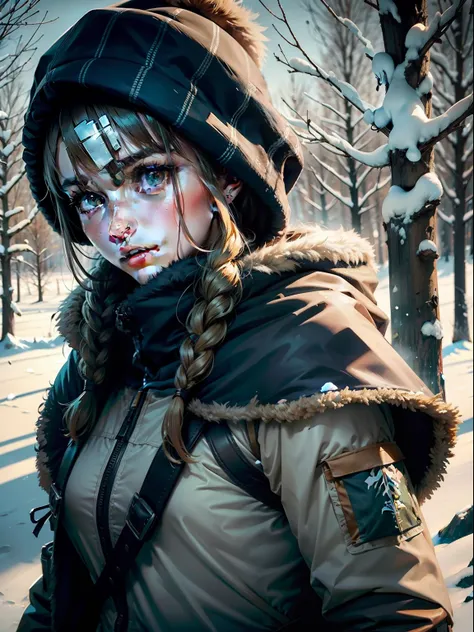 "(survivalist girl and hunter:1.2), with a bow, in a snowy landscape, intense gaze, parted lips, taking aim at a gazelle, on a b...