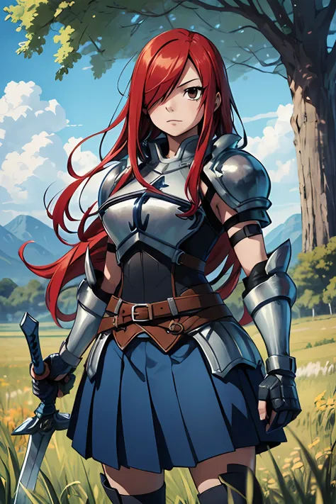 masterpiece, best quality, highres, fairy tail, 1girl, long hair, red hair, brown eyes, armor, shoulder armor, gauntlets, breast...