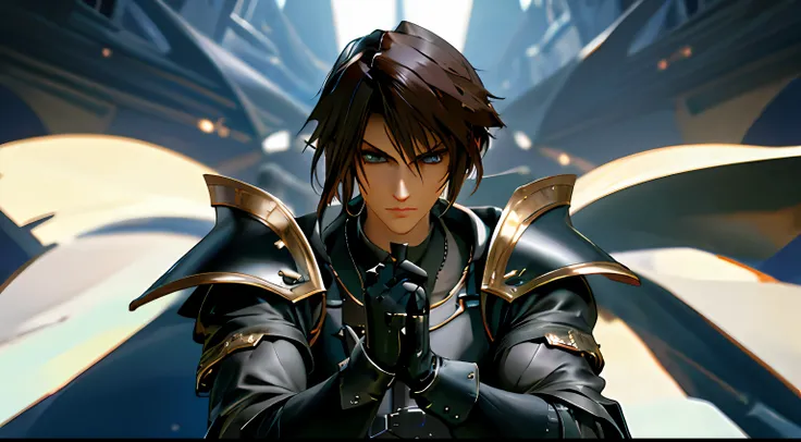 squall, black armor, full gauntlets, dark black full armor, dark fantasy, hair blowing in the wind, incomparable masterpiece, 8k...