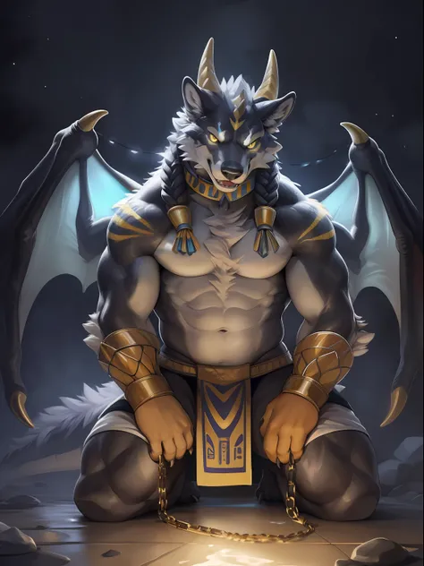 solo, male, (muscular), sacrifices, (male anthro wolf):1.3, pure black body,kneel, (kamimei):1.3, (komono:1.4) (doa):1.23, (, th...