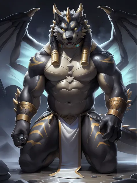 solo, male, (muscular), sacrifices, (male anthro wolf):1.3, pure black body,kneel, (kamimei):1.3, (komono:1.4) (doa):1.23, (, th...