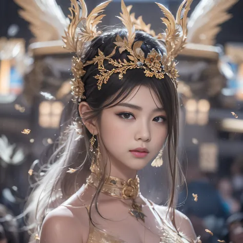 32k(tmasterpiece,k hd,hyper HD,32k)short detailed hair,Vintage train sleeper area,Snow Circle Girl ,Two Golden Dragon Protectors (realisticlying:1.4),Python robe,Purple-pink tiara,Snowflakes fluttering,The background is pure, A high resolution, the detail,...