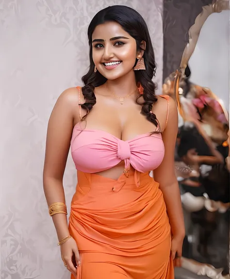 anupama in a pink and orange dress posing for a picture, tanned ameera al taweel, with a seductive smile, indian girl with brown...