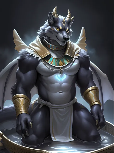 solo, male, (muscular), sacrifices, (male anthro wolf):1.3, pure black body,kneel, (kamimei):1.3, (komono:1.4) (doa):1.23, (, pu...