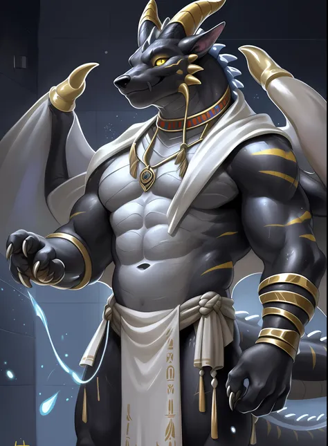 solo, male, (muscular), sacrifices, (male anthro wolf):1.3, pure black body, (kamimei):1.3, (komono:1.4) (doa):1.23, (, plain wh...