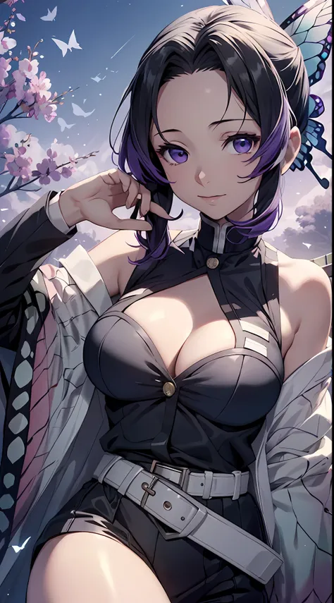 Ultra-realistic 8K CG,tmasterpiece,((Ultra detailed backgrounds,delicate patterns,Complicated details)),Best quality at best,very vey very detailed face,very detailed eyes and faces,Very detailed eyes,Kochou Shinobu,O cabelo multicolorido,No bangs,hair int...