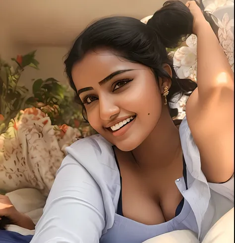 Anupama laying on bed with her hand up in the air, she is smiling and excited, serious face, open eye, detailed face, bigger boobs, deep cleavage