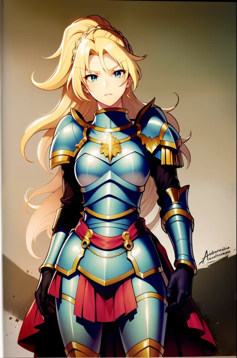 alicetaria : cheveux blonds, cheveux longs, queue, yeux verts : armure, crétons, cap, gantelets, pleated  skirt, shoulder armor,...