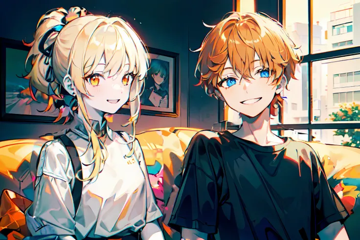 (masterpiece:1.2), (pale skin:1.2), (8k:1.2), (orange hair:1.1), (short hair:1.1), (blue eyes:1.2), (smiling:1.2), (male:1.3), (casual shirt:1.3)