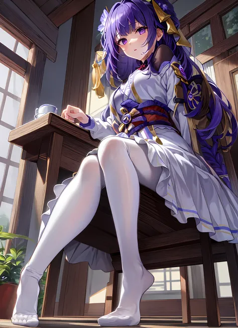 {{masterpiece}},illustration,best quality,extremely detailed CG unity 8k wallpaper,1girl_solo, full_body, from_below, looking_at_viewer, looking_down,((white pantyhose: 1.5)), (no shoes:1.3),chair,twintail, purple hair,braided bangs,Sexy and charming panti...