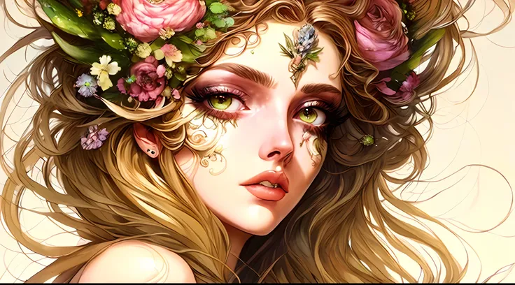 /imagine prompt: uma mulher loira de cabelos longos com olhos fechados , fairy, mother nature, siderotype