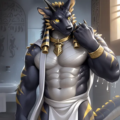 solo, male, (muscular), sacrifices, (male anthro wolf):1.3, pure black body, (kamimei):1.3, (komono:1.4) (doa):1.23, (，wear a wh...