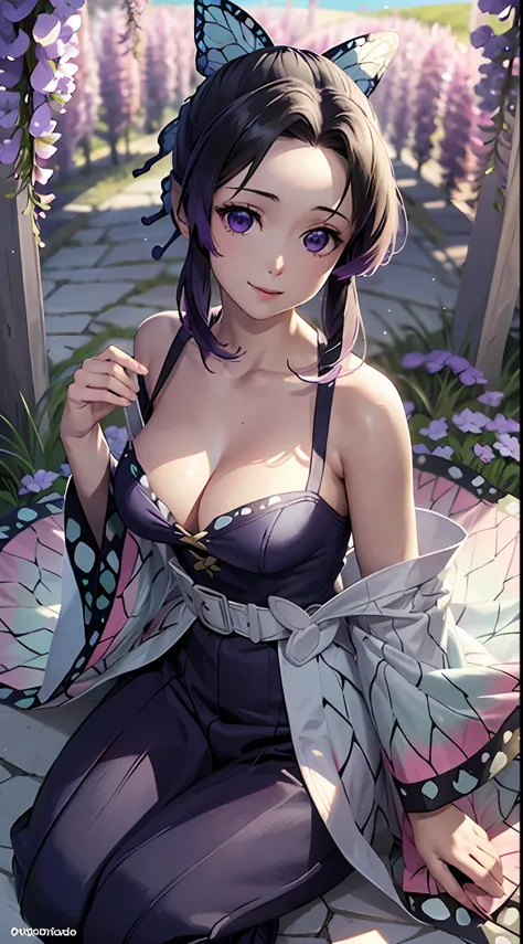 Ultra-realistic 8K CG,tmasterpiece,((Ultra detailed backgrounds,delicate patterns,Complicated details)),Best quality at best,Full body photo,very vey very detailed face,very detailed eyes and faces,Very detailed eyes,Kochou Shinobu,O cabelo multicolorido,N...
