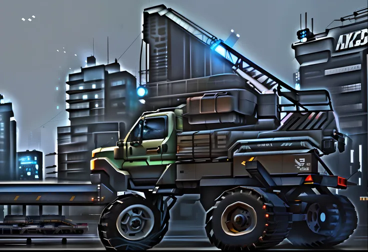 truck drawing with crane on top, accurately drawn details, vehicle illustration, conceptual drawing,cyber punk style