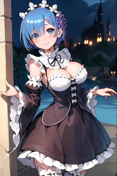 blue hair, rem \(re:zero\), [smile], blush, castle,, masterpiece, best quality, perfect lighting, 1girl, skirt, medium breasts,