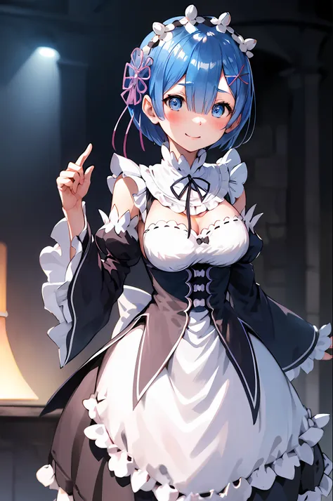 blue hair, rem \(re:zero\), [smile], blush, castle,, masterpiece, best quality, perfect lighting, 1girl, skirt, medium breasts,