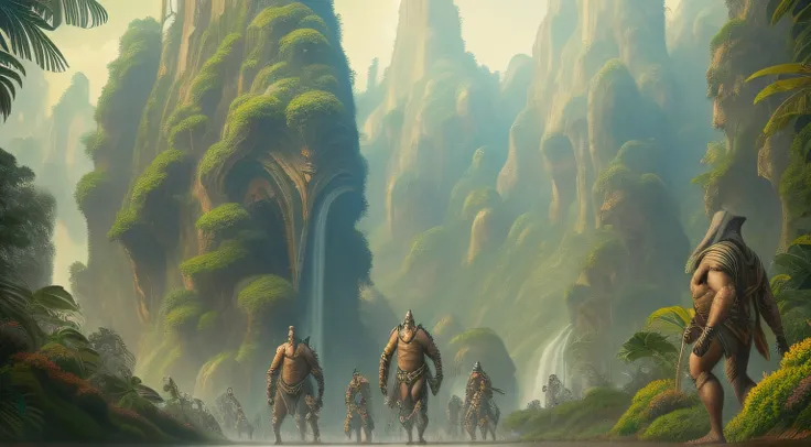 " Illustrations of crowd of giants on Earth, with a malevolent expression, gigantes caminhando pela terra(corpo inteiro), vestindo roupas de couro,(corpo musculosos), (estilo vinking) em meio a uma natureza bela, (5 gigantes andando pela terra, amendontran...