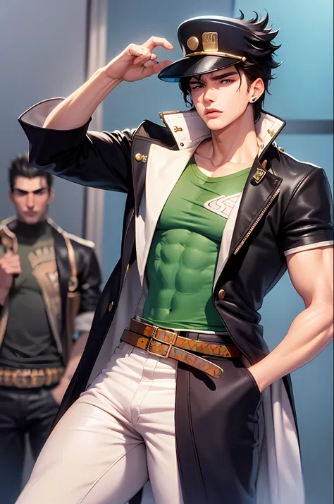 (tmasterpiece,best qualtiy:1.2),cowboy lens,独奏,malefocus,1boy,Jotaro Kujo,Muscle men,Bodybuilding,Serious,Keep ones mouth shut,looking at viewert,Put your right hand in your pocket,Press the hat with your left hand,green-eyed,校服,Xuelan,Long jacket, trinket...