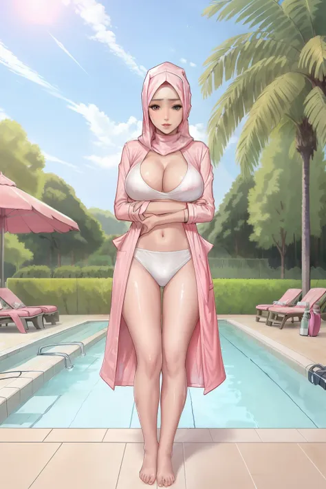 girl, sexy,home, hijab,big breast,hijab long wet white and pink clothes and long wet short pants outfit,happy,in swimingpool