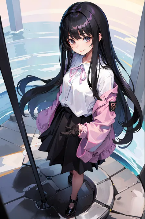 1 teenage girl, long black hair, bangs, soft or astethic style clothing, standing posing looking at viewer, smiling slightly