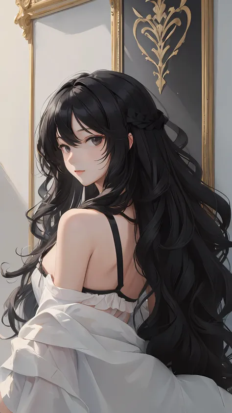 (masterpiece, best quality:1.4), looking at viewer,
(wavy hair:0.8), long hair, black hair, black theme,