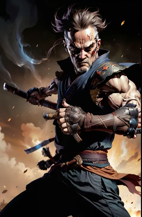 samurais,Middle-aged uncle,Thin,holding a katana,Fighting posture,high-tech equipment,American comics