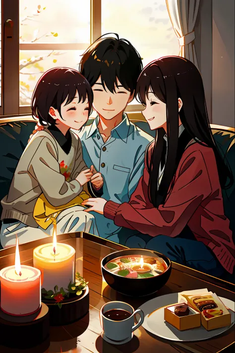 family time、warm、blissful、intimate interaction with parents、sweet smile