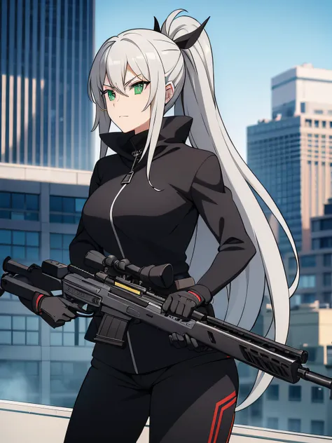 1woman, large chest, long silver hair, high ponytail, sharp green eyes, assassin, wearing black assassin suit, holding 1 sniper ...