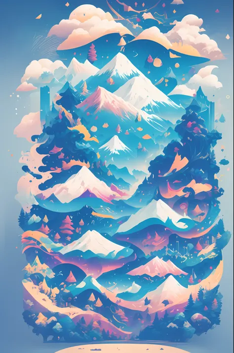 with mountains、​​clouds、abstract poster for tree element design，abstract point, line, polygon element，gradient color，blue and gr...