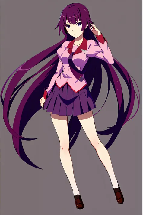 1girll,,senjougahara hitagi, Solo, upper legs, Skirt, Long hair, Naoezu High School uniform, Blue eyes, Juliet sleeves, school uniform, Purple hair, shirt, zettai ryouiki, Medium breasts, Very long hair, Purple skirt, Miniskirt,Full body photo
