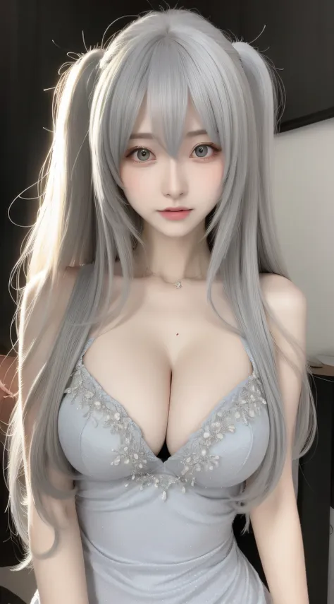 perfect figure beautiful woman：1.4，layered hair style，protruding cleavage，gray 2d costume：1.5，highly detailed face and skin text...