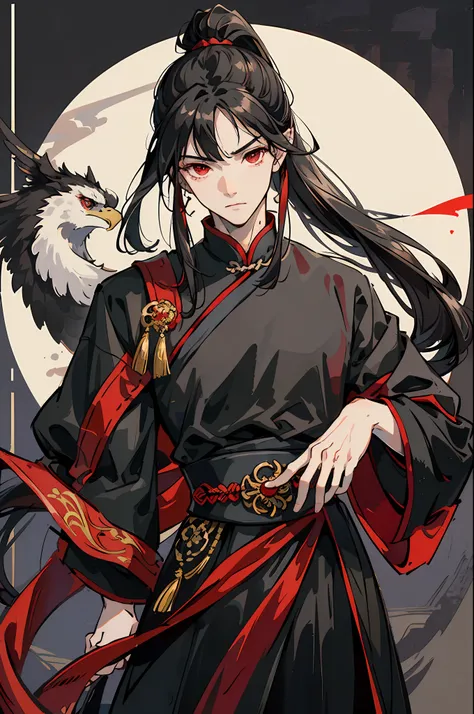 HDR, High Quality, Masterpiece, Excellent, Daytime, 1 Man, Chinese Style, Ancient China, Chinese Court, Eagle, Black Hair, red Eyes, Split Hair, Long Hair, Long Bangs, High Ponytail, Handsome, Handsome, Serious, Gentle, Tall, Quiet, Dark Clothes, dark grey...