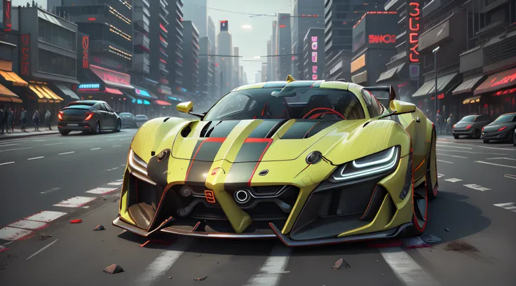 "a sleek and futuristic sports car speeding through the neon-lit streets of a bustling metropolis."