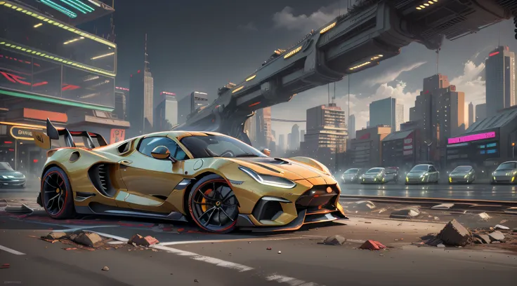 "a sleek and futuristic sports car speeding through the neon-lit streets of a bustling metropolis."