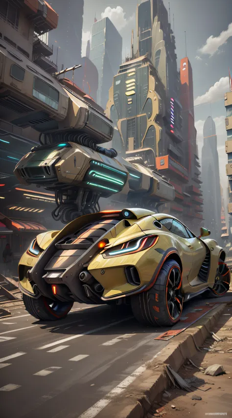 a futuristic sports car on the street of a futuristic city