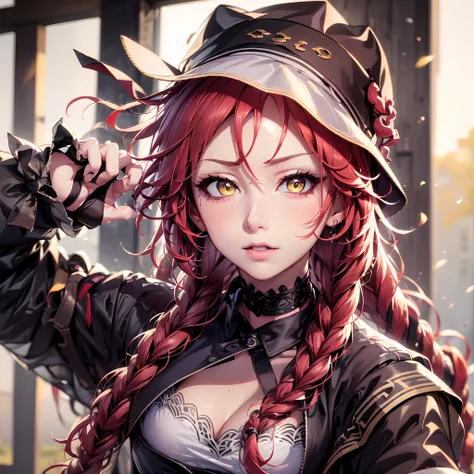 lupusregina_beta, 1girl, braid, twin braids, yellow eyes, long hair, red hair, hat, choker, highres, sharp focus, pixiv masterpi...