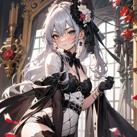 Lolita prostitute,Royal sister,plumw,Raised sexy,Cleavage is seductive,flying petal,Floating hair,white complexion、Sharply defined、Slender eyebrows、Deep eyes,Black Lolita、high-waist、obi strip、black over-the-knee socks、Silver-toned earrings,lace legwear、tig...