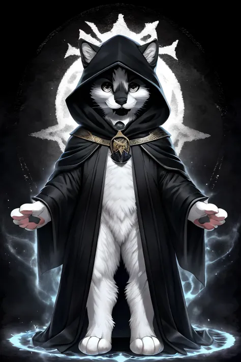 Leo, black and white cat, standing upright, cute paws for hands, high quality, high resolution, upper body shot, portrait, (black lower lip:1.1), wearing a wizards cloak, black robes, in a magical wizards workshop,