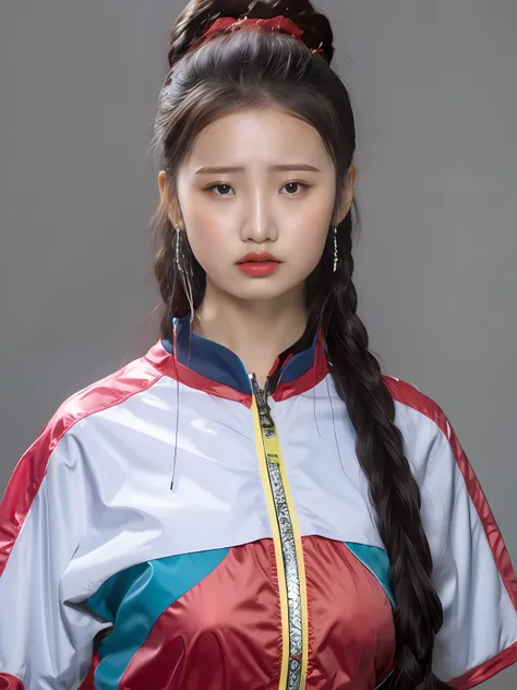 A Chinese high school girl,PVC yellow and blue sportswear,zippers