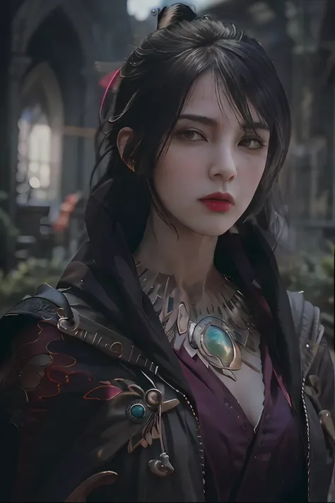 masterpiece, highest quality, raw, analog style, a stunning portrait of a beautiful woman, morrigan, breast, wearing a mage robe...