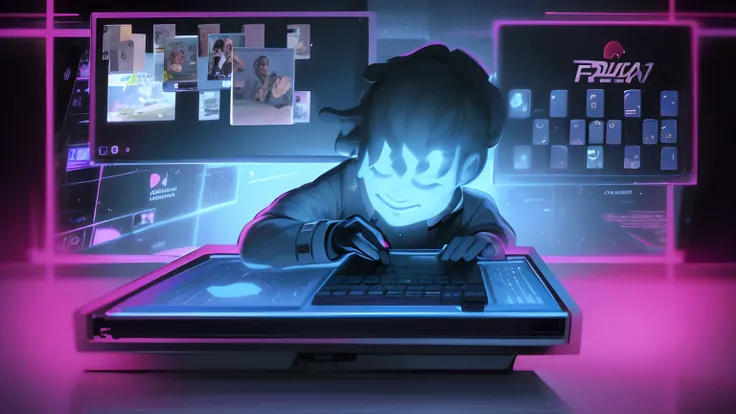 desenho animado de um menino usando um teclado de computador na frente de um quadro negro, typing on a holographic keyboard, arte do jogo, Game Illustration, stylized digital illustration, imagem da tela do pc, jogos, Captura de tela do PC, using a magical...